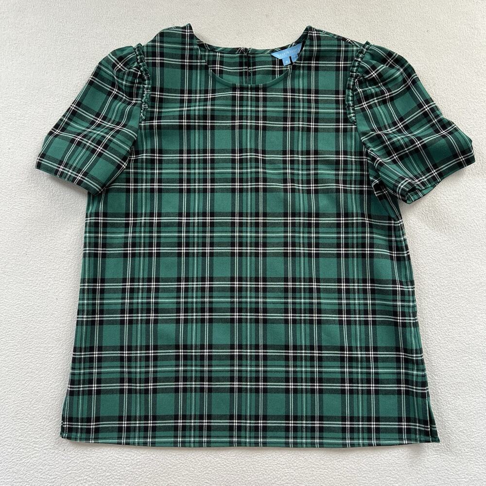 Draper James Women Angie Green Black Plaid Rayon Blend Short Puff Sleeve Shirt 6